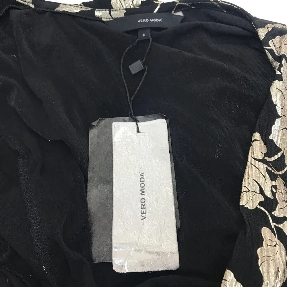 NWT Vero Moda Womens Floral A-Line Dress Metallic Long Sleeve VNeck Mini Dress S